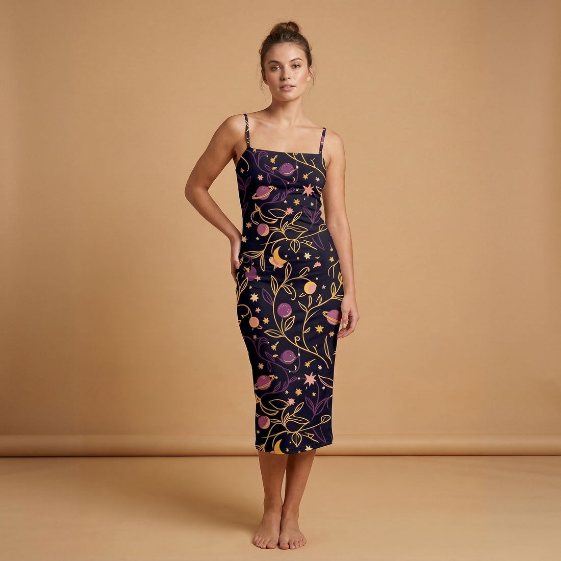 Cosmic Garden Spaghetti Strap Dress | All Over Print Celestial Fashion — view 1