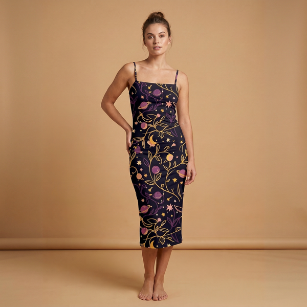 Cosmic Garden spaghetti strap dress front view - celestial all over print fashion