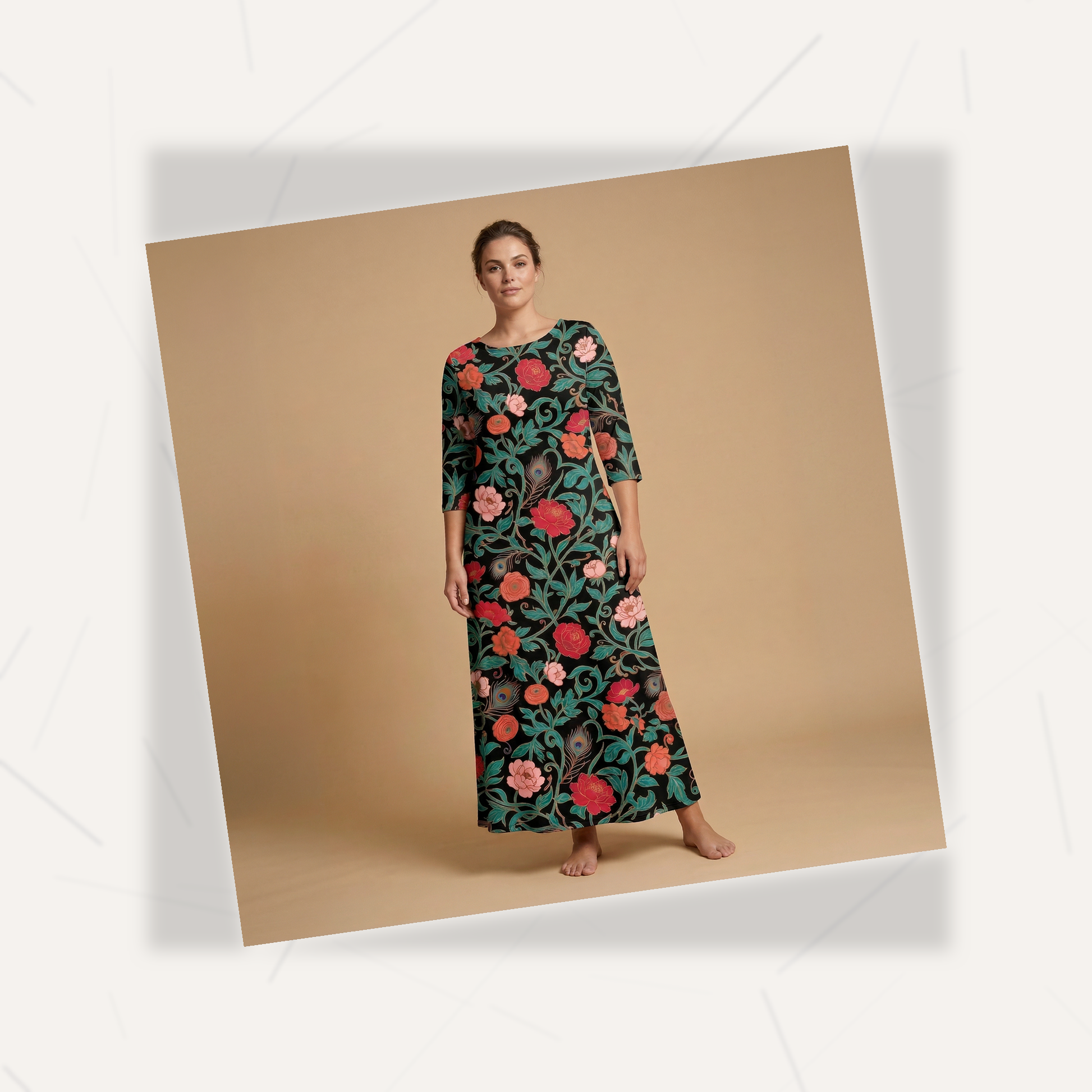 Dark Garden Tapestry 3/4 Sleeve Maxi Dress | All Over Print Dark Floral Fashion — view 7