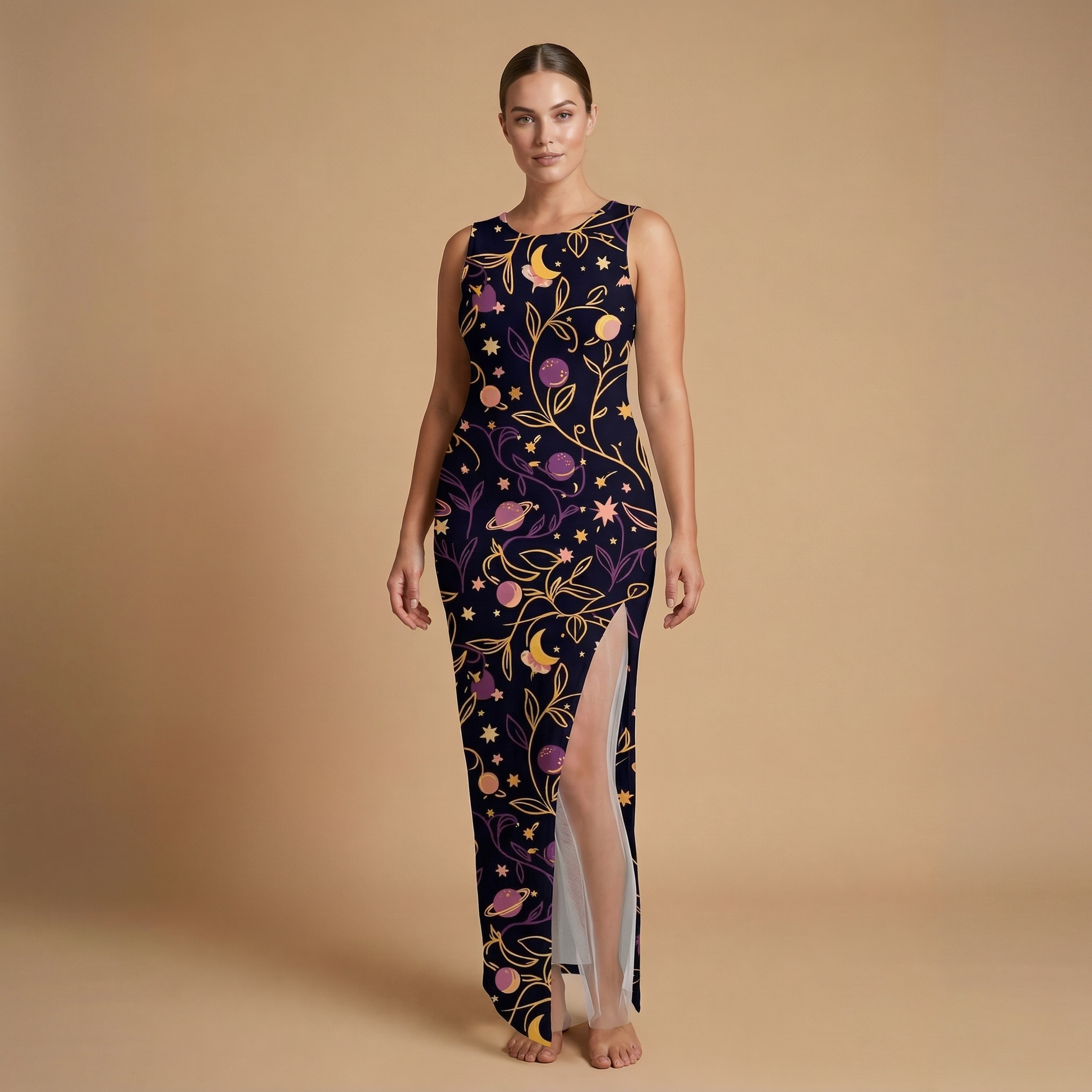 Cosmic Garden Side Slit Dress | All Over Print Celestial Fashion — view 1