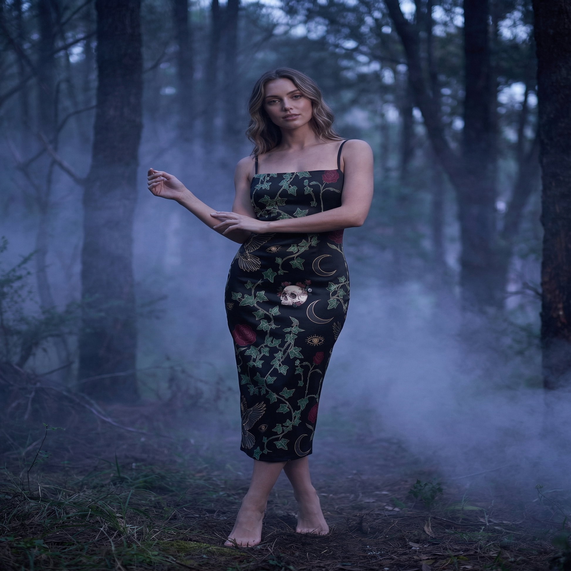 Raven & Roses Spaghetti Strap Dress | All Over Print Whimsigoth Fashion — view 4