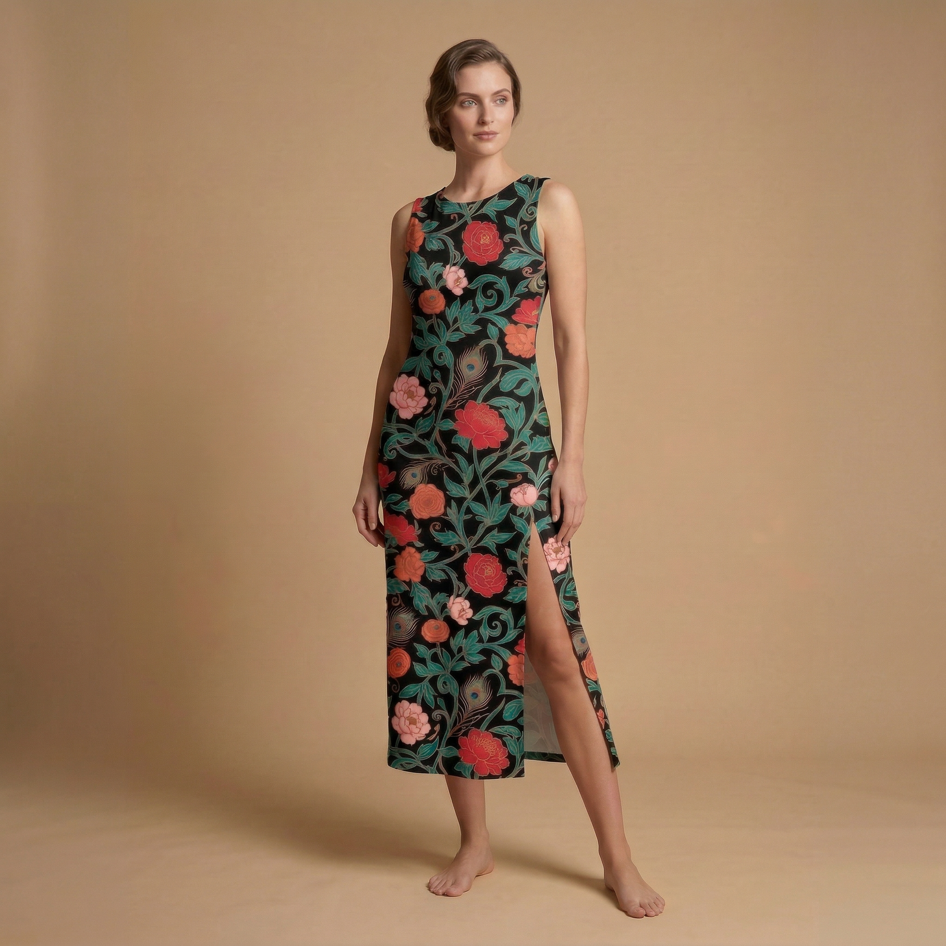 Dark Garden Tapestry Side Slit Dress | All Over Print Dark Floral Fashion — view 3