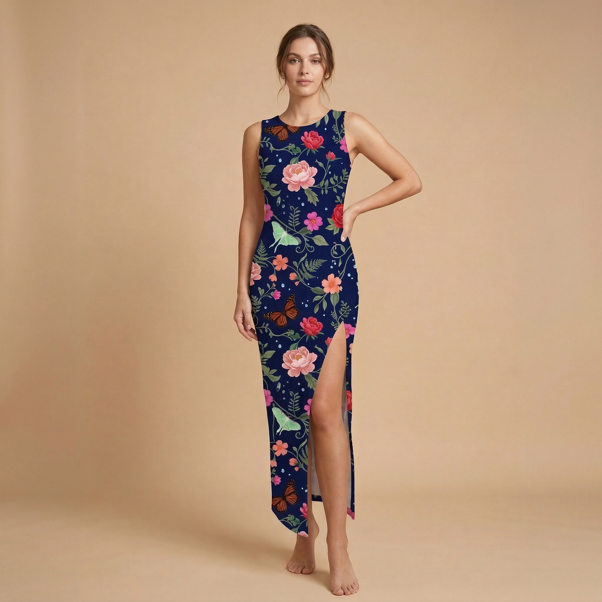 Noir Rose & Butterfly Side Slit Dress | All Over Print Dark Floral Fashion — view 1